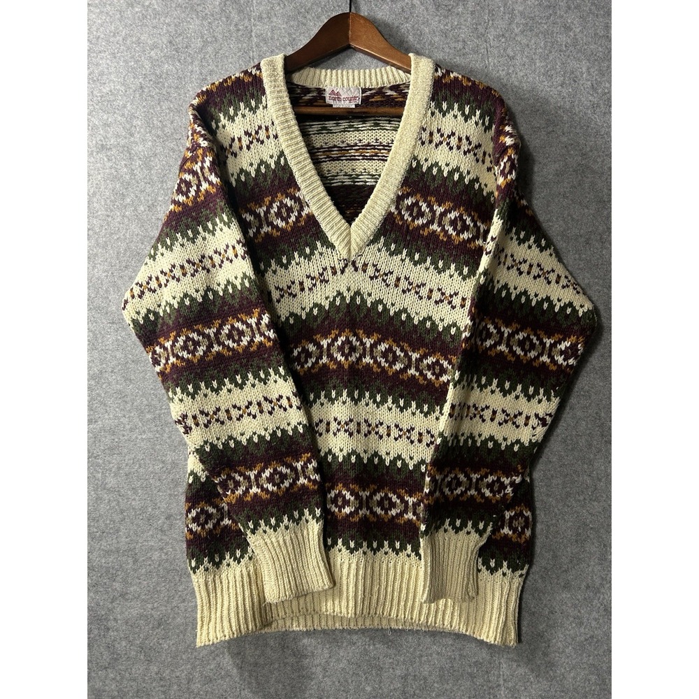 Vintage North Country Eaton Fair Isle V-Neck Sweater M Wool Blend Korea Grandpa